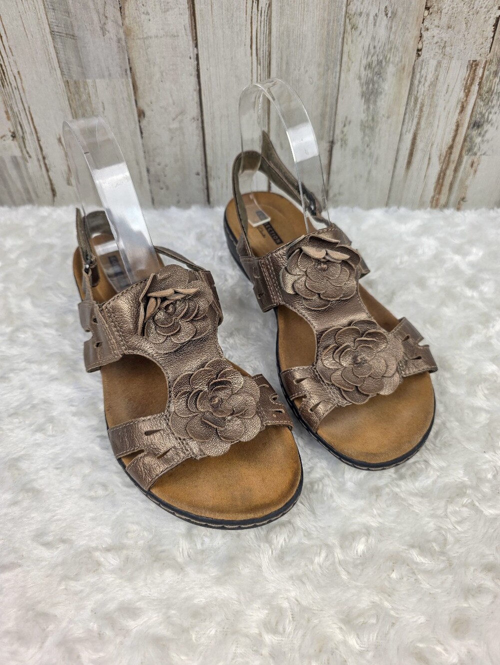 Clarks Leisa Claytin Leather Floral Sandals Pewter Size 8